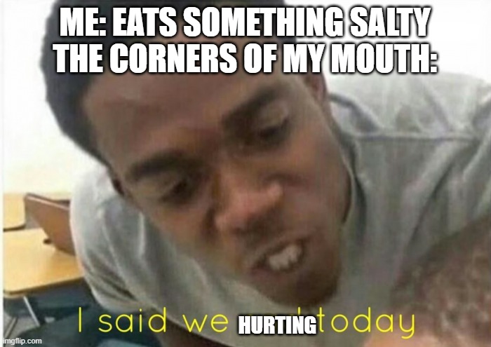 does this happen to everyone or is it just me | ME: EATS SOMETHING SALTY
THE CORNERS OF MY MOUTH:; HURTING | image tagged in i said we ____ today,memes,relatable,dank | made w/ Imgflip meme maker