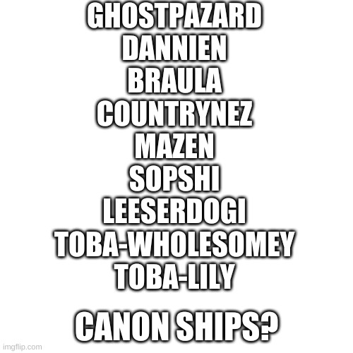 Canon Ships? YES | GHOSTPAZARD
DANNIEN
BRAULA
COUNTRYNEZ
MAZEN
SOPSHI
LEESERDOGI
TOBA-WHOLESOMEY
TOBA-LILY; CANON SHIPS? | image tagged in memes,blank transparent square | made w/ Imgflip meme maker