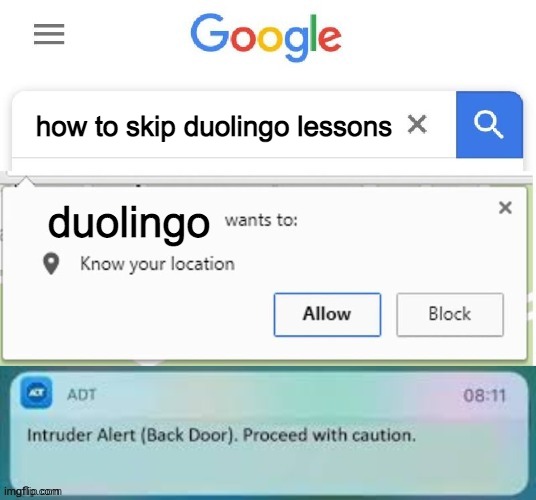 X Wants to know your location intruder alert | how to skip duolingo lessons; duolingo | image tagged in x wants to know your location intruder alert | made w/ Imgflip meme maker