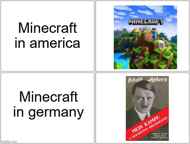 read the red part in the book | Minecraft in america; Minecraft in germany | image tagged in memes,minecraft,germany | made w/ Imgflip meme maker
