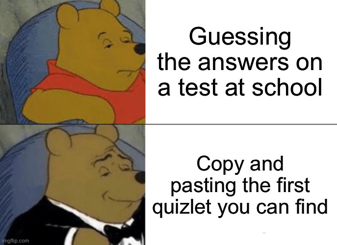 Tuxedo Winnie The Pooh Meme | Guessing the answers on a test at school; Copy and pasting the first quizlet you can find | image tagged in memes,tuxedo winnie the pooh | made w/ Imgflip meme maker