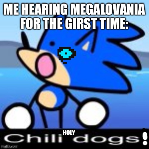 Holy... that makes sans | ME HEARING MEGALOVANIA FOR THE FIRST TIME: | image tagged in holy chilli dogs | made w/ Imgflip meme maker