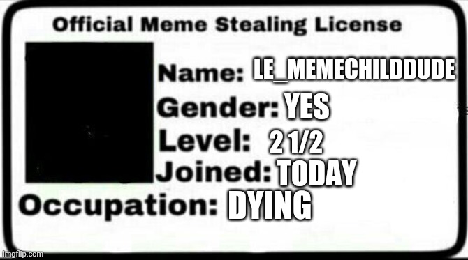 Meme Stealing License | LE_MEMECHILDDUDE; YES; 2 1/2; TODAY; DYING | image tagged in meme stealing license,ded | made w/ Imgflip meme maker