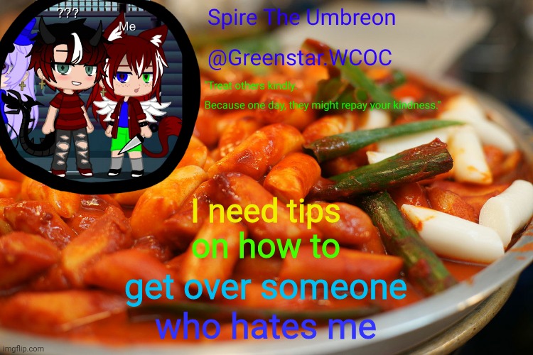 Spire's tteokbokki announcment temp | I need tips; on how to; get over someone; who hates me | image tagged in spire's tteokbokki announcment temp | made w/ Imgflip meme maker