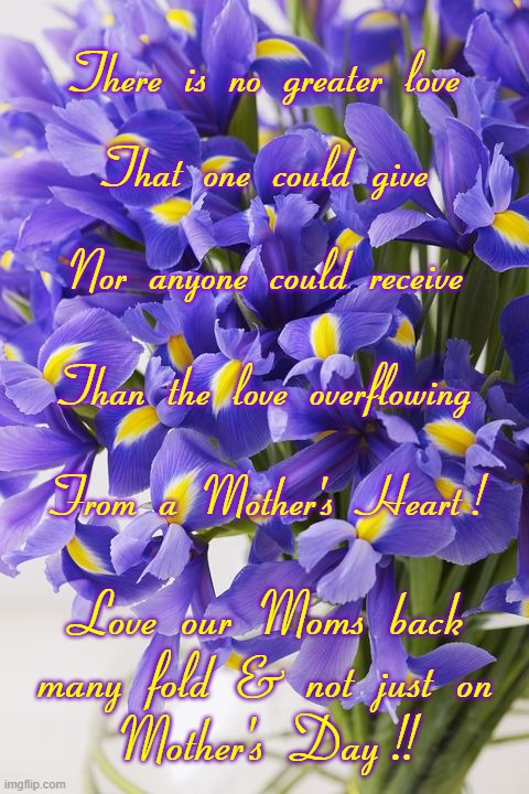 Happy Mother's Day Iris & Love | There  is  no  greater  love; That  one  could  give; Nor  anyone  could  receive; Than  the  love  overflowing; From  a  Mother's  Heart ! Love  our  Moms  back
many  fold  &  not  just  on
Mother's  Day !! | image tagged in iris,mother's love,happy mother's day | made w/ Imgflip meme maker