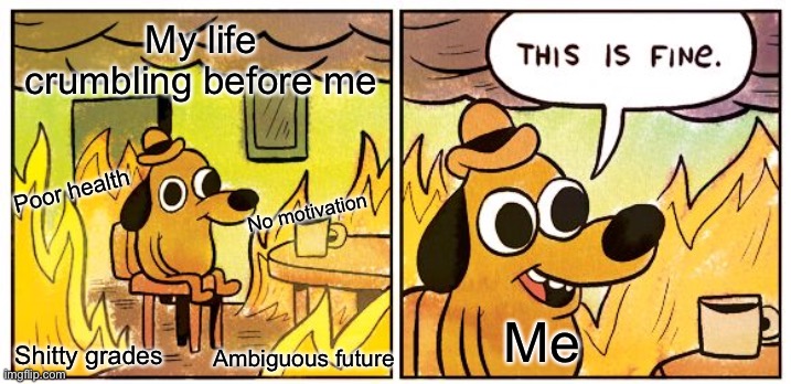 This Is Fine | My life crumbling before me; Poor health; No motivation; Me; Shitty grades; Ambiguous future | image tagged in memes,this is fine,life sucks,reality,life problems,problems | made w/ Imgflip meme maker