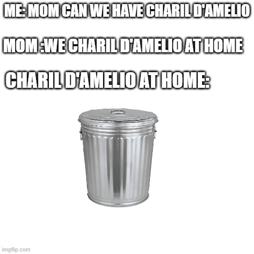 is this true | ME: MOM CAN WE HAVE CHARIL D'AMELIO; MOM :WE CHARIL D'AMELIO AT HOME; CHARIL D'AMELIO AT HOME: | image tagged in memes,blank transparent square | made w/ Imgflip meme maker