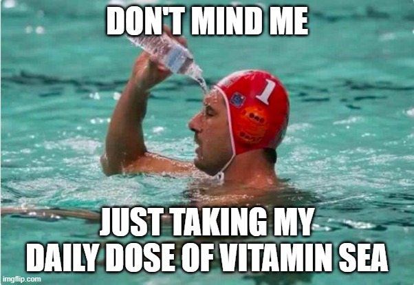 Waterbottle Swimmer | DON'T MIND ME; JUST TAKING MY DAILY DOSE OF VITAMIN SEA | image tagged in waterbottle swimmer | made w/ Imgflip meme maker
