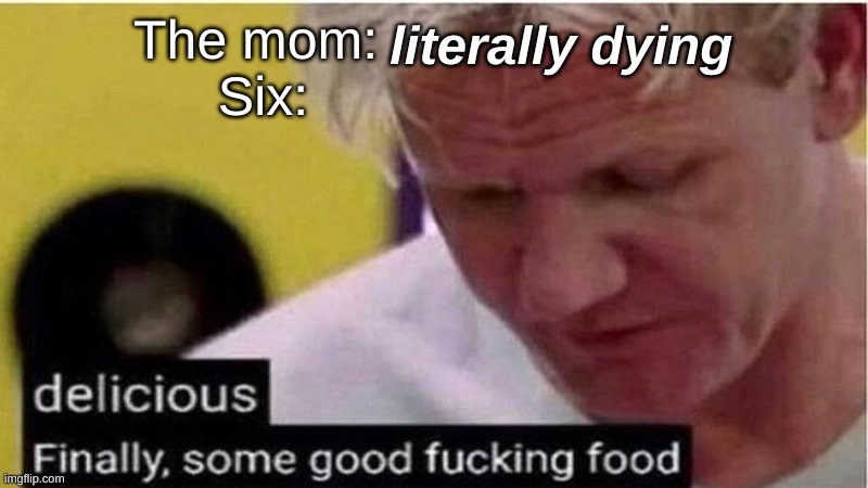 I mean, Six didn't really have a choice- | literally dying; The mom: 
Six: | image tagged in gordon ramsay some good food | made w/ Imgflip meme maker