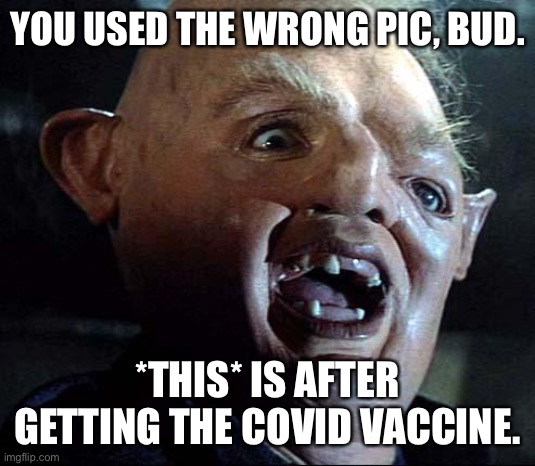 Sloth Goonies | YOU USED THE WRONG PIC, BUD. *THIS* IS AFTER GETTING THE COVID VACCINE. | image tagged in sloth goonies | made w/ Imgflip meme maker