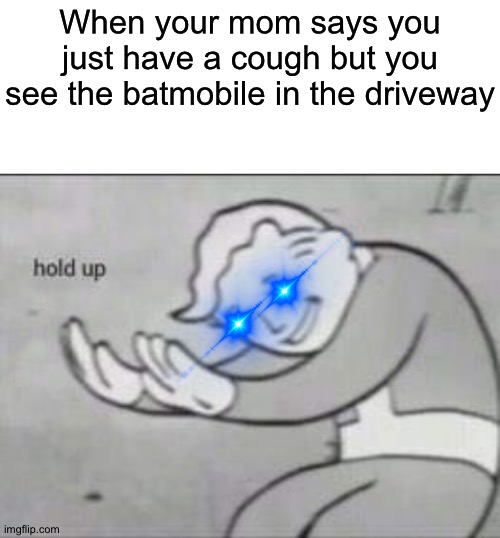 Fallout hold up with space on the top | When your mom says you just have a cough but you see the batmobile in the driveway | image tagged in fallout hold up with space on the top | made w/ Imgflip meme maker