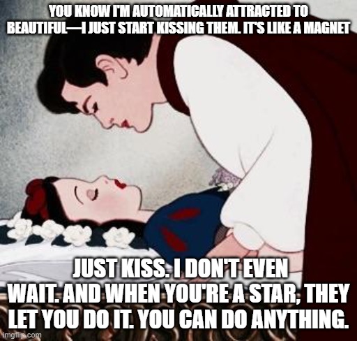 Snow White  | YOU KNOW I'M AUTOMATICALLY ATTRACTED TO BEAUTIFUL—I JUST START KISSING THEM. IT'S LIKE A MAGNET; JUST KISS. I DON'T EVEN WAIT. AND WHEN YOU'RE A STAR, THEY LET YOU DO IT. YOU CAN DO ANYTHING. | image tagged in snow white | made w/ Imgflip meme maker