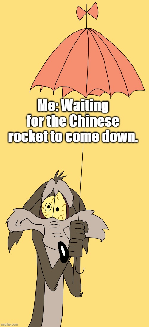 Chinese rocket | Me: Waiting for the Chinese rocket to come down. | image tagged in wile e coyote | made w/ Imgflip meme maker
