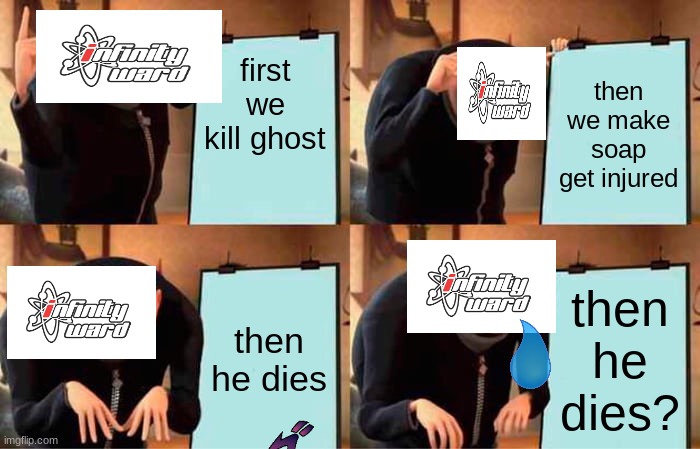 Gru's Plan Meme | first we kill ghost; then we make soap get injured; then he dies; then he dies? | image tagged in memes,gru's plan | made w/ Imgflip meme maker