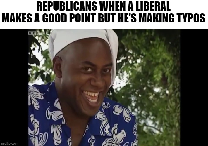 hehe typo, I gotta call him a stupid idiot for that | REPUBLICANS WHEN A LIBERAL MAKES A GOOD POINT BUT HE'S MAKING TYPOS | image tagged in hehe boi | made w/ Imgflip meme maker