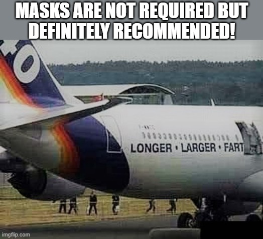 airplane | MASKS ARE NOT REQUIRED BUT
DEFINITELY RECOMMENDED! | image tagged in airplane memes,funny memes,airplane,mask,fart,joke | made w/ Imgflip meme maker