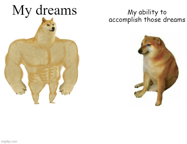 Maybe I'm a bit too ambitious? |  My dreams; My ability to accomplish those dreams | image tagged in memes,buff doge vs cheems | made w/ Imgflip meme maker