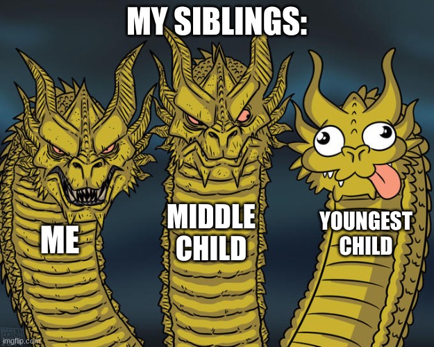 Three-headed Dragon | MY SIBLINGS:; MIDDLE CHILD; YOUNGEST CHILD; ME | image tagged in three-headed dragon | made w/ Imgflip meme maker