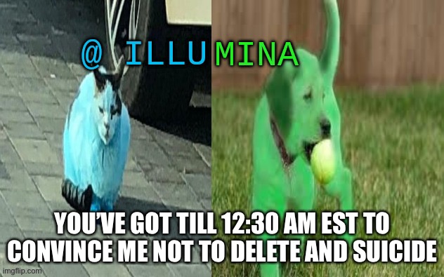 illumina new temp | YOU’VE GOT TILL 12:30 AM EST TO CONVINCE ME NOT TO DELETE AND SUICIDE | image tagged in illumina new temp | made w/ Imgflip meme maker