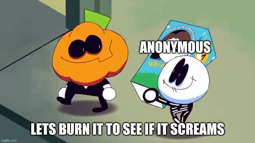 Lets burn it and see if it screams! | ANONYMOUS LET'S BURN IT TO SEE IF IT SCREAMS | image tagged in lets burn it and see if it screams | made w/ Imgflip meme maker