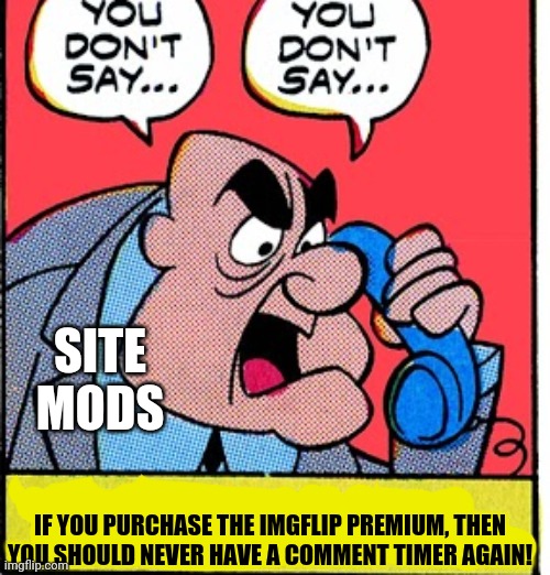 It's this true? | SITE MODS; IF YOU PURCHASE THE IMGFLIP PREMIUM, THEN YOU SHOULD NEVER HAVE A COMMENT TIMER AGAIN! | made w/ Imgflip meme maker