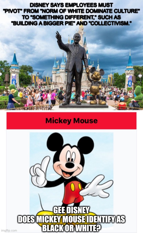 Disingenuous Disney | DISNEY SAYS EMPLOYEES MUST "PIVOT" FROM "NORM OF WHITE DOMINATE CULTURE" TO "SOMETHING DIFFERENT," SUCH AS "BUILDING A BIGGER PIE" AND "COLLECTIVISM."; GEE DISNEY
DOES MICKEY MOUSE IDENTIFY AS
BLACK OR WHITE? | image tagged in disney,white privilege,mickey mouse,black,collectivism,communist | made w/ Imgflip meme maker