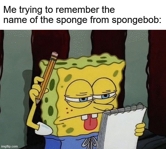 What was it | Me trying to remember the name of the sponge from spongebob: | image tagged in spongebob thinking | made w/ Imgflip meme maker