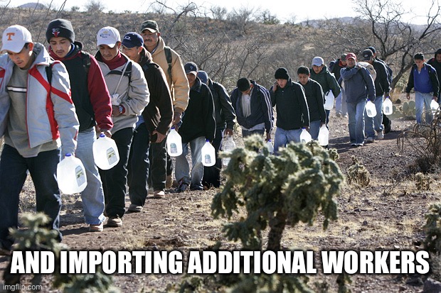 mexican immigration | AND IMPORTING ADDITIONAL WORKERS | image tagged in mexican immigration | made w/ Imgflip meme maker