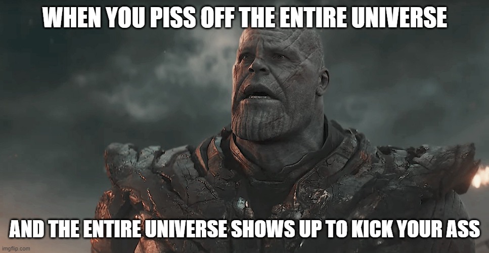 Thanos meme | WHEN YOU PISS OFF THE ENTIRE UNIVERSE; AND THE ENTIRE UNIVERSE SHOWS UP TO KICK YOUR ASS | image tagged in avengers endgame,thanos,marvel | made w/ Imgflip meme maker