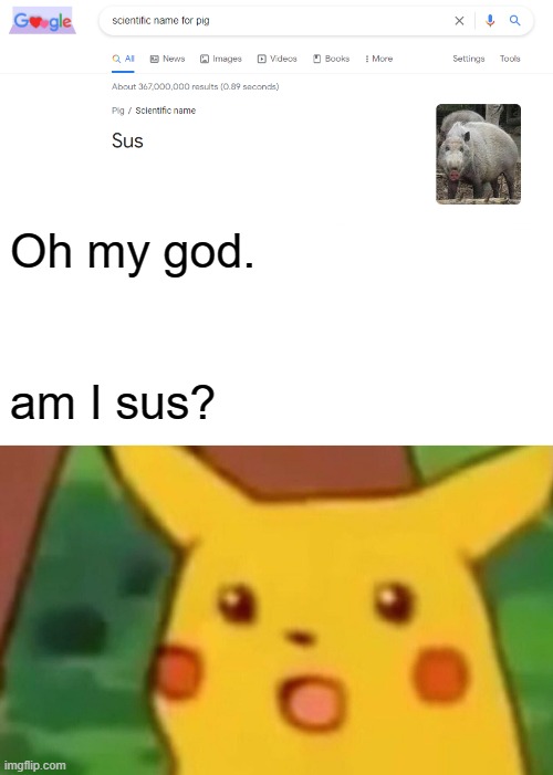 Oh my god. am I sus? | image tagged in memes,surprised pikachu | made w/ Imgflip meme maker