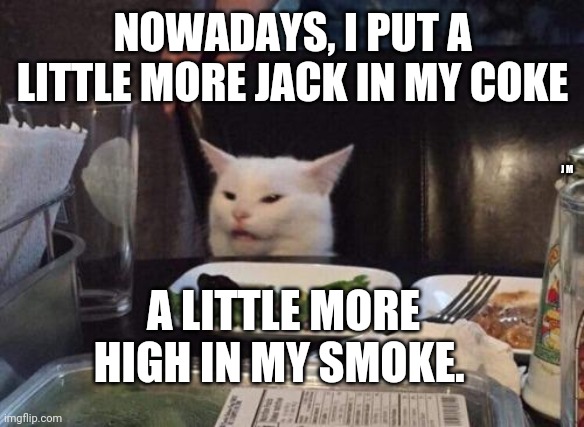 Salad cat | NOWADAYS, I PUT A LITTLE MORE JACK IN MY COKE; J M; A LITTLE MORE HIGH IN MY SMOKE. | image tagged in salad cat | made w/ Imgflip meme maker