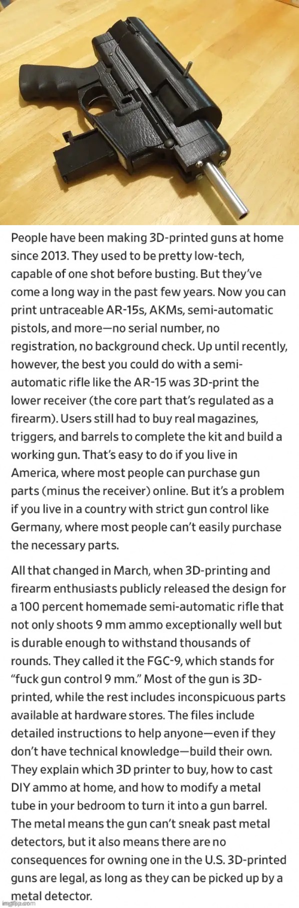 Cringing at the FGC-9, coming to a mass shooting near you. | image tagged in 3d printed gun,3d printed guns | made w/ Imgflip meme maker