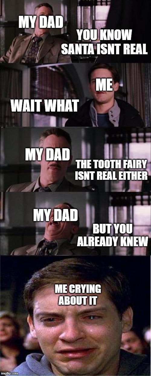 Dad I Didn't Know | MY DAD; YOU KNOW SANTA ISNT REAL; ME; WAIT WHAT; MY DAD; THE TOOTH FAIRY ISNT REAL EITHER; MY DAD; BUT YOU ALREADY KNEW; ME CRYING ABOUT IT | image tagged in memes,peter parker cry | made w/ Imgflip meme maker