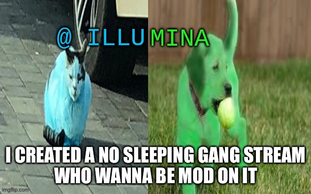 illumina new temp | I CREATED A NO SLEEPING GANG STREAM
WHO WANNA BE MOD ON IT | image tagged in illumina new temp | made w/ Imgflip meme maker