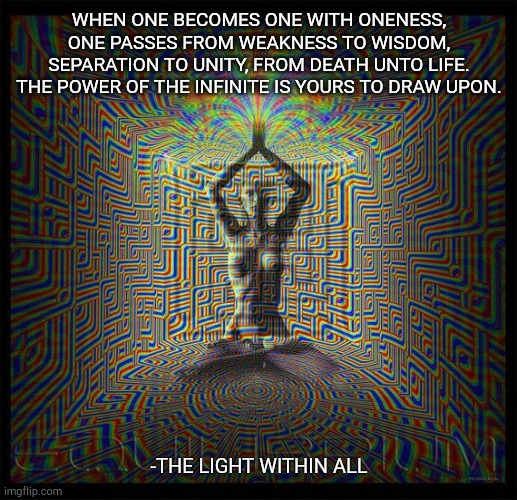 WHEN ONE BECOMES ONE WITH ONENESS, ONE PASSES FROM WEAKNESS TO WISDOM, SEPARATION TO UNITY, FROM DEATH UNTO LIFE. THE POWER OF THE INFINITE IS YOURS TO DRAW UPON. -THE LIGHT WITHIN ALL | made w/ Imgflip meme maker