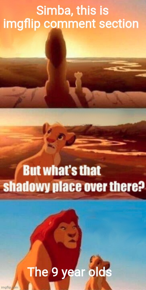 2 replies... | Simba, this is imgflip comment section; The 9 year olds | image tagged in memes,simba shadowy place | made w/ Imgflip meme maker