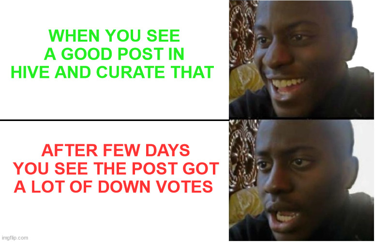the curators | WHEN YOU SEE A GOOD POST IN HIVE AND CURATE THAT; AFTER FEW DAYS YOU SEE THE POST GOT A LOT OF DOWN VOTES | image tagged in cryptocurrency,crypto,meme,memehub,funny,funny memes | made w/ Imgflip meme maker