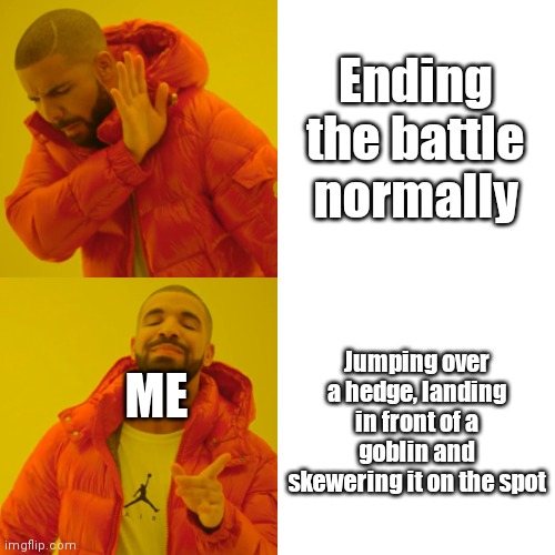 I've definitely never done this ever in my life.... nope, never ever | Ending the battle normally; Jumping over a hedge, landing in front of a goblin and skewering it on the spot; ME | image tagged in memes,drake hotline bling,dnd,battle | made w/ Imgflip meme maker