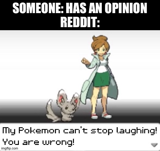My Pokemon can't stop laughing! You are wrong! | SOMEONE: HAS AN OPINION
REDDIT: | image tagged in my pokemon can't stop laughing you are wrong,funny,memes | made w/ Imgflip meme maker