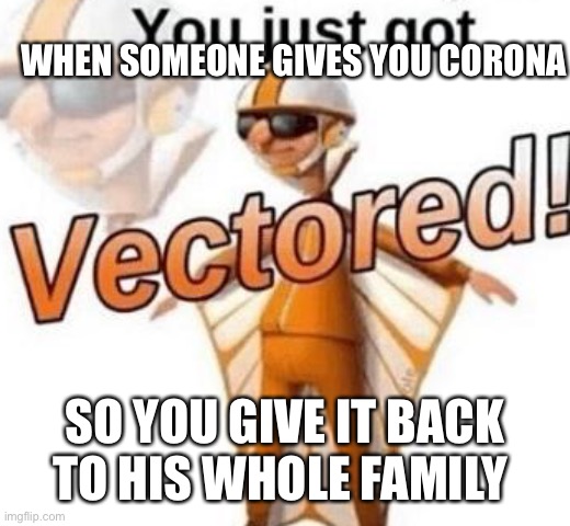 You just got vectored | WHEN SOMEONE GIVES YOU CORONA SO YOU GIVE IT BACK TO HIS WHOLE FAMILY | image tagged in you just got vectored | made w/ Imgflip meme maker