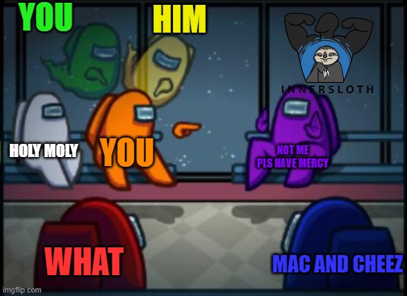 Among us blame | YOU HIM YOU NOT ME PLS HAVE MERCY WHAT HOLY MOLY MAC AND CHEEZ | image tagged in among us blame | made w/ Imgflip meme maker