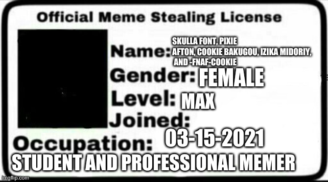 My meme license.... Wait, DOES IT SAY STEALING? | SKULLA FONT, PIXIE AFTON, COOKIE BAKUGOU, IZIKA MIDORIY, 
 AND -FNAF-COOKIE; FEMALE; MAX; 03-15-2021; STUDENT AND PROFESSIONAL MEMER | image tagged in meme stealing license | made w/ Imgflip meme maker