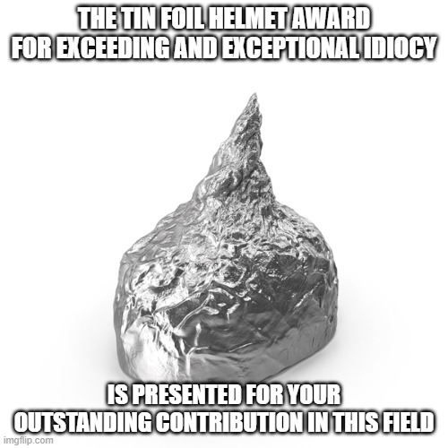 tin foil helmet award | THE TIN FOIL HELMET AWARD FOR EXCEEDING AND EXCEPTIONAL IDIOCY; IS PRESENTED FOR YOUR OUTSTANDING CONTRIBUTION IN THIS FIELD | image tagged in tin foil hat,award | made w/ Imgflip meme maker