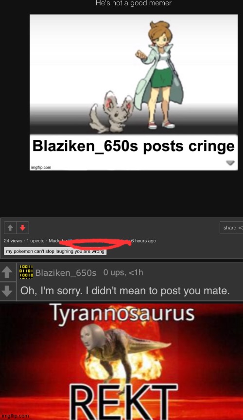 I'm guessing the mods will disapprove this roast (Mod note: nah) | image tagged in tyrannosaurus rekt,blaziken_650s | made w/ Imgflip meme maker