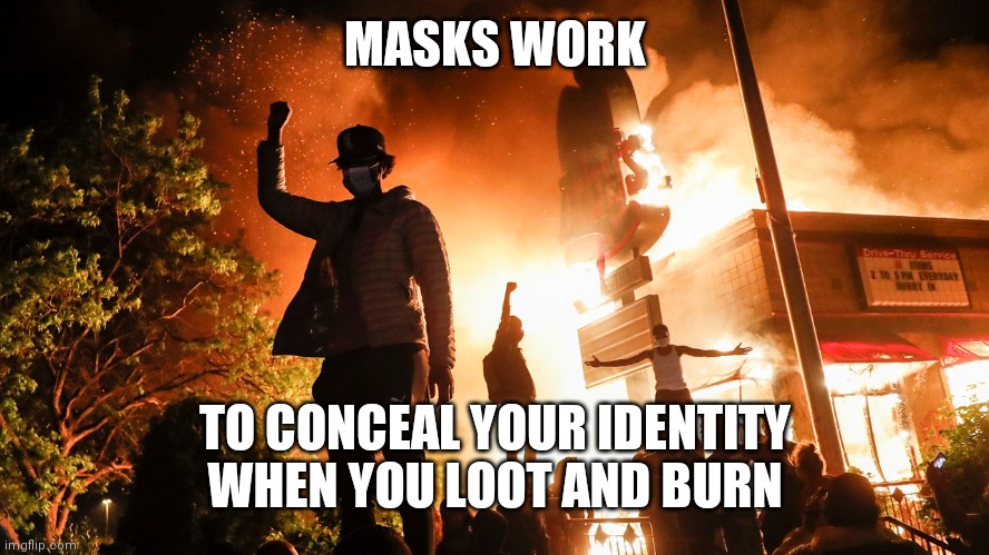 BLM Riots | MASKS WORK TO CONCEAL YOUR IDENTITY WHEN YOU LOOT AND BURN | image tagged in blm riots | made w/ Imgflip meme maker