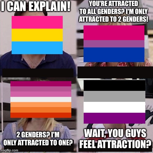 You guys are getting paid template | I CAN EXPLAIN! YOU'RE ATTRACTED TO ALL GENDERS? I'M ONLY ATTRACTED TO 2 GENDERS! 2 GENDERS? I'M ONLY ATTRACTED TO ONE? WAIT, YOU GUYS FEEL ATTRACTION? | image tagged in you guys are getting paid template,bisexual,pansexual,lesbian,asexual | made w/ Imgflip meme maker