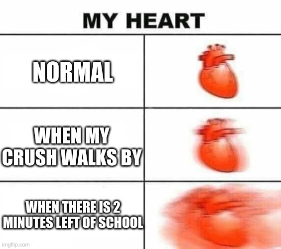 My heart blank | NORMAL; WHEN MY CRUSH WALKS BY; WHEN THERE IS 2 MINUTES LEFT OF SCHOOL | image tagged in my heart blank | made w/ Imgflip meme maker