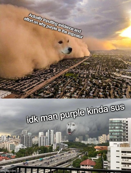 Whatever they are, they still have the same point. | Actually inputting evidence and effort on why purple is the impostor; idk man purple kinda sus | image tagged in dust storm 2 panels | made w/ Imgflip meme maker