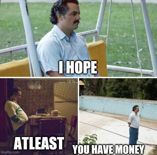 Sad Pablo Escobar Meme | I HOPE ATLEAST YOU HAVE MONEY | image tagged in memes,sad pablo escobar | made w/ Imgflip meme maker