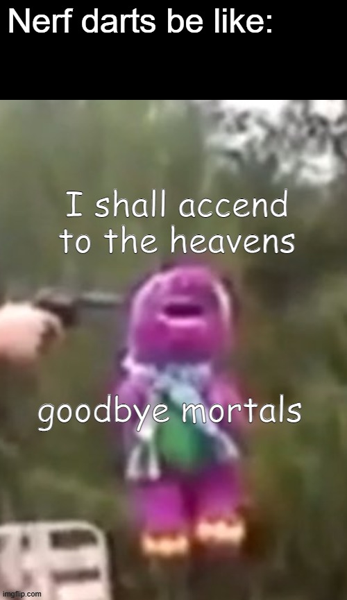 I shall accend to the heavens, goodbye mortals | Nerf darts be like: | image tagged in i shall accend to the heavens goodbye mortals | made w/ Imgflip meme maker